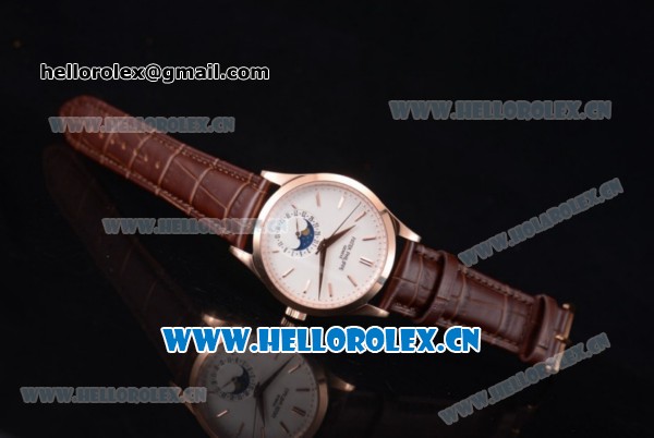 Patek Philippe Complications Miyota 9015 Automatic Rose Gold Case with White Dial Stick Markers and Brown Leather Strap - Click Image to Close